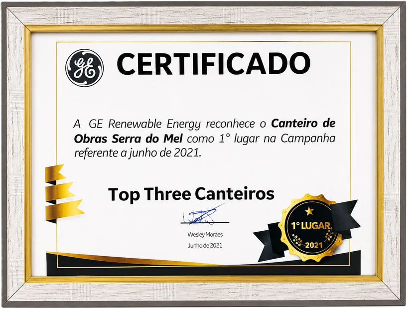Certificado Top Three Canteiros da GE
