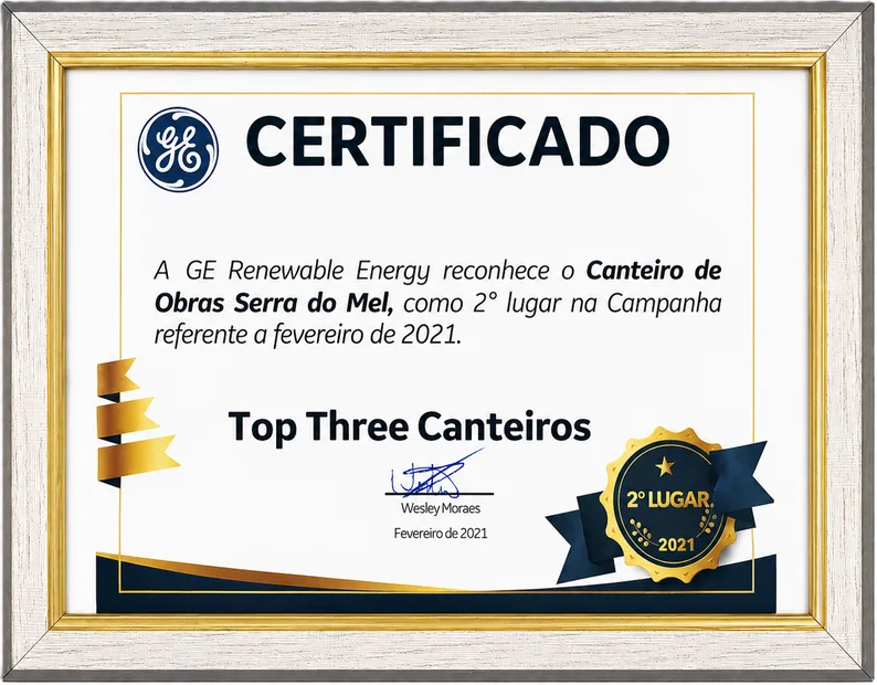 Certificado Top Three Canteiros da GE