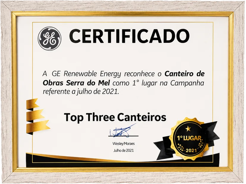 Certificado Top Three Canteiros da GE