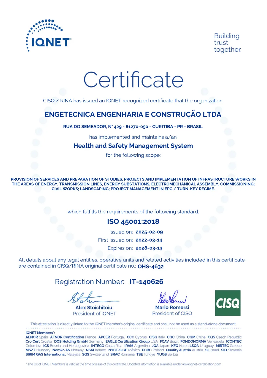 Certificado ISO 45001 da Engetecnica